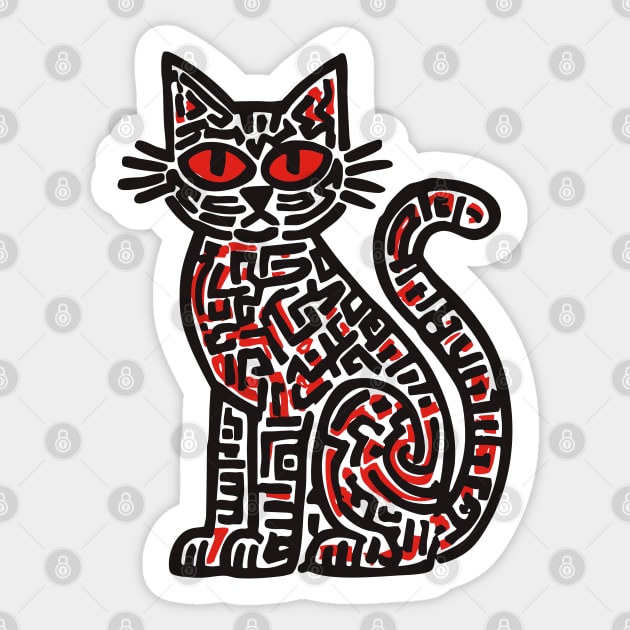 Mystical Black Cat Linocut for Spooky Folk Art Lovers Sticker by TuncGK